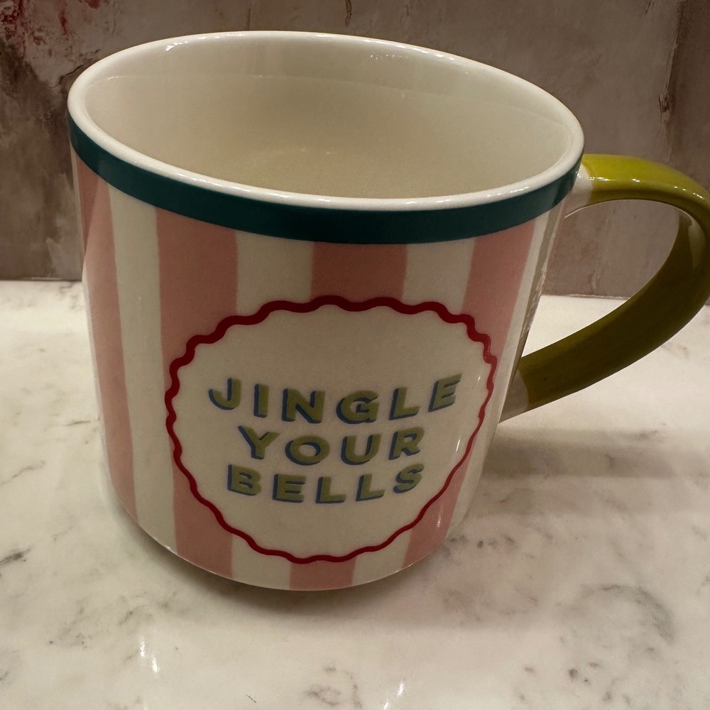 Eaton Fine Dining Jingle Your Bells Christmas Mug Pink Stripe Green Handle Xmas